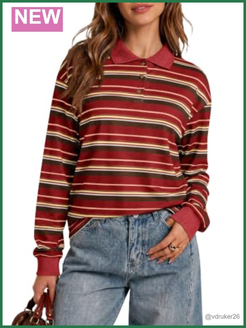 Womens Striped Long Sleeve Polo Shirt Oversized Casual Pullover Top